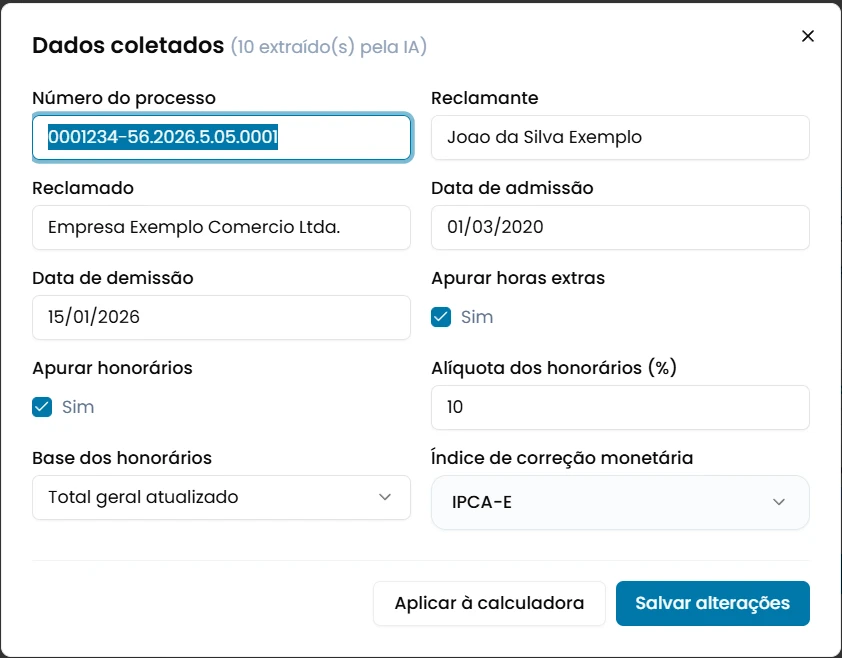 Tela real do Extrator de Sentença mostrando os dados coletados automaticamente pela IA a partir de um documento enviado
